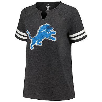 Women's Fanatics Branded Heather Charcoal Detroit Lions Plus Size Logo Notch Neck Raglan Sleeve T-Shirt