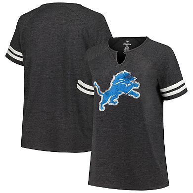 Women's Fanatics Branded Heather Charcoal Detroit Lions Plus Size Logo Notch Neck Raglan Sleeve T-Shirt