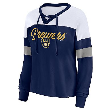 Women's Fanatics Branded Navy/White Milwaukee Brewers Even Match Lace-Up Long Sleeve V-Neck T-Shirt