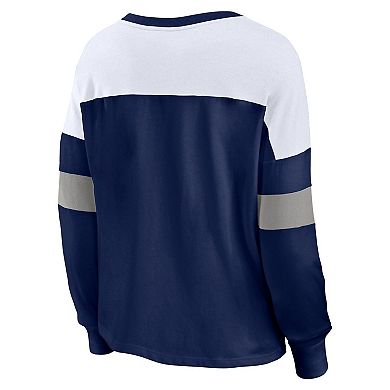 Women's Fanatics Branded Navy/White Milwaukee Brewers Even Match Lace-Up Long Sleeve V-Neck T-Shirt