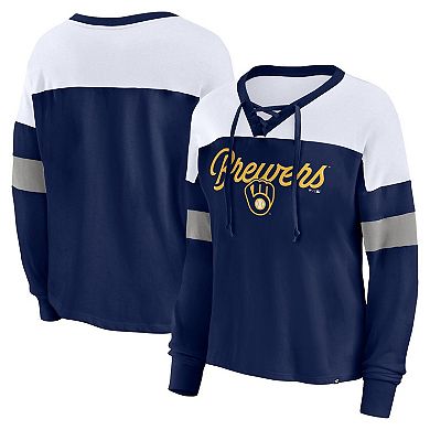 Women's Fanatics Branded Navy/White Milwaukee Brewers Even Match Lace-Up Long Sleeve V-Neck T-Shirt