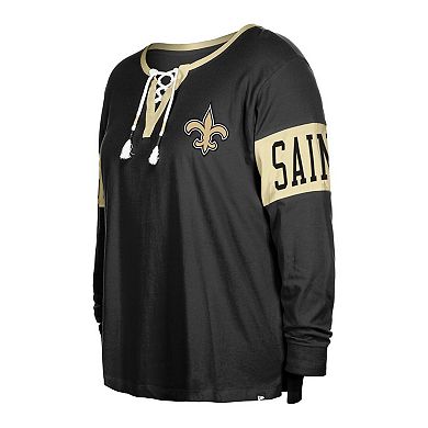 Women's New Era  Black New Orleans Saints Plus Size Lace-Up Notch Neck Long Sleeve T-Shirt