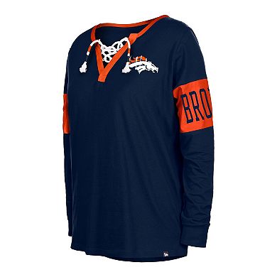 Women's New Era Navy Denver Broncos Lace-Up Notch Neck Long Sleeve T-Shirt