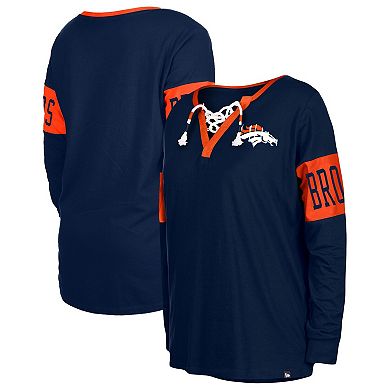 Women's New Era Navy Denver Broncos Lace-Up Notch Neck Long Sleeve T-Shirt