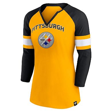 Women's Fanatics Branded Gold/Black Pittsburgh Steelers Arch Raglan 3/4-Sleeve Notch Neck T-Shirt