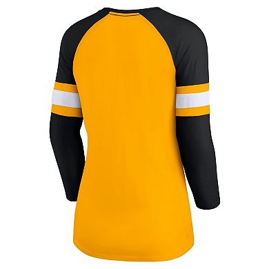 Women's Fanatics Branded Gold/Black Pittsburgh Steelers Arch Raglan 3/4-Sleeve Notch Neck T-Shirt