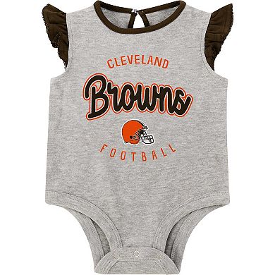 Newborn Heather Gray/Brown Cleveland Browns All Dolled Up Three-Piece Bodysuit, Skirt & Booties Set
