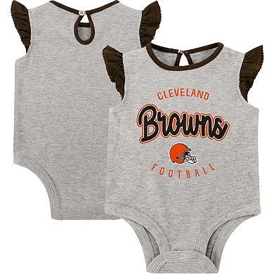 Newborn Heather Gray/Brown Cleveland Browns All Dolled Up Three-Piece Bodysuit, Skirt & Booties Set