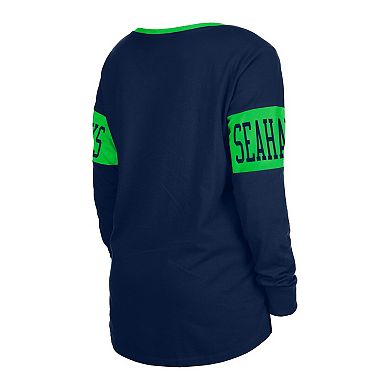 Women's New Era College Navy Seattle Seahawks Lace-Up Notch Neck Long Sleeve T-Shirt