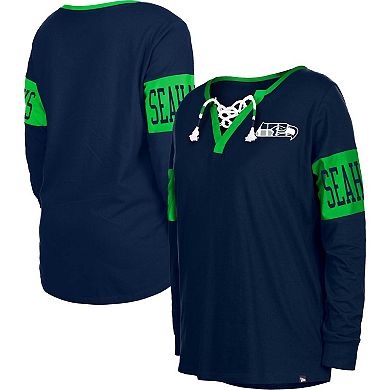 Women's New Era College Navy Seattle Seahawks Lace-Up Notch Neck Long Sleeve T-Shirt