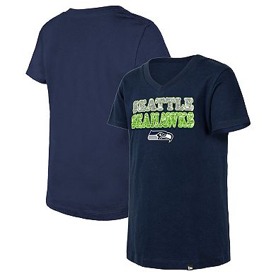 Girls Youth New Era College Navy Seattle Seahawks Reverse Sequin V-Neck T-Shirt