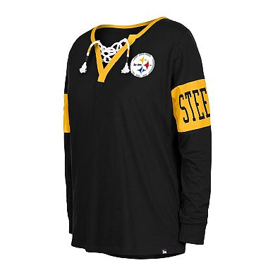Women's New Era Black Pittsburgh Steelers Lace-Up Notch Neck Long Sleeve T-Shirt