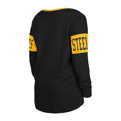 Women's New Era Black Pittsburgh Steelers Lace-Up Notch Neck Long Sleeve T-Shirt