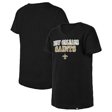 Girls Youth New Era Black New Orleans Saints Reverse Sequin V-Neck T-Shirt