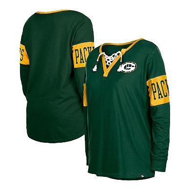 Women's New Era Green Green Bay Packers Lace-Up Notch Neck Long Sleeve T-Shirt
