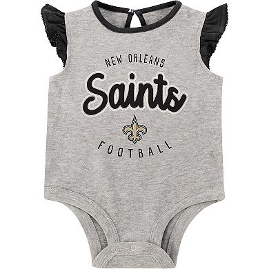 Newborn Heather Gray/Black New Orleans Saints All Dolled Up Three-Piece Bodysuit, Skirt & Booties Set