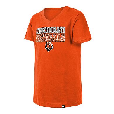 Girls Youth New Era Orange Cincinnati Bengals Reverse Sequin V-Neck T-Shirt