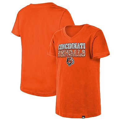 Girls Youth New Era Orange Cincinnati Bengals Reverse Sequin V-Neck T-Shirt