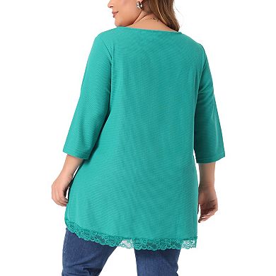 Plus Size Blouse For Women Waffle 3/4 Sleeve Round Neck Lace Panel Loose High Low Hem Tops