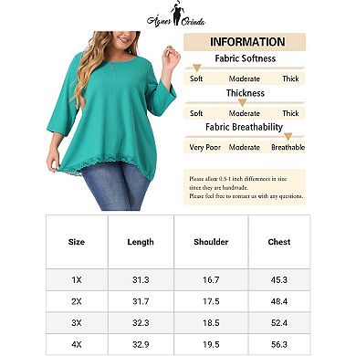Plus Size Blouse For Women Waffle 3/4 Sleeve Round Neck Lace Panel Loose High Low Hem Tops