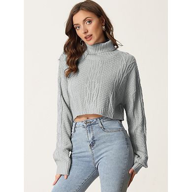 Turtle Neck Knitted Pullover Sweater for Women's Long Sleeve Cropped Tops