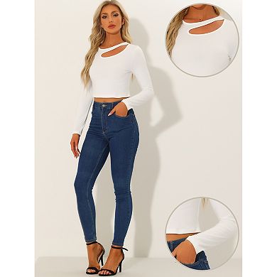 Long Sleeve Casual Top For Women's Cut Out Slim Fitted Basic Crop Tee Tops