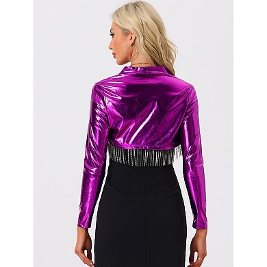 Women's Holographic Party Shimmering Shiny Lightweight Metallic Cropped Cardigan