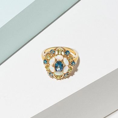 18k Gold Over Sterling Silver Lab-Created Opal With Swiss Blue Topaz & Peridot Pendant Ring