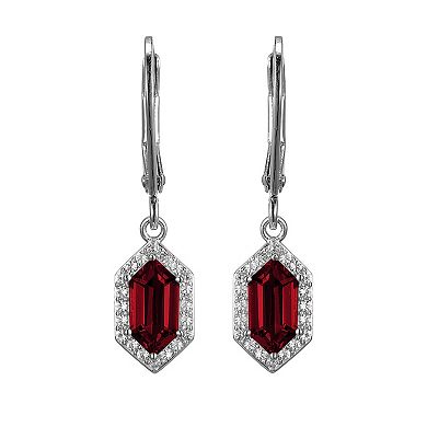 Rhodium-Plated Sterling Silver Lab-Created Ruby With Lab-Created White Sapphire Halo Leverback Drop Earrings