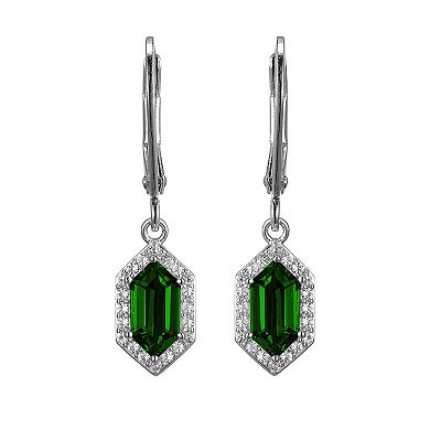 Rhodium-Plated Sterling Silver Lab-Created Emerald With Lab-Created White Sapphire Halo Leverback Drop Earrings