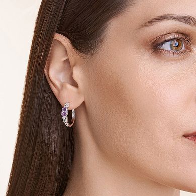 Rhodium-Plated Sterling Silver Lab-Created Alexandrite and Lab-Created White Sapphire Huggie Hoop Earrings