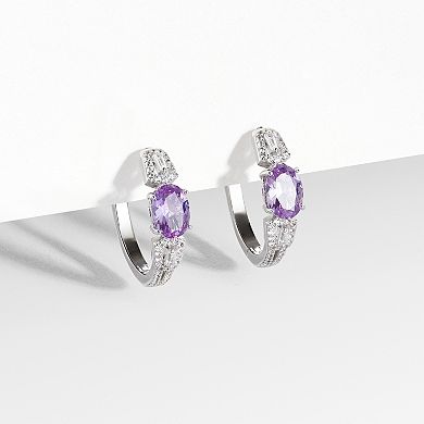 Rhodium-Plated Sterling Silver Lab-Created Alexandrite and Lab-Created White Sapphire Huggie Hoop Earrings