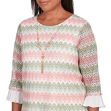 Petite Alfred Dunner Zig Zag Lace Layered Long Sleeve Top with Necklace