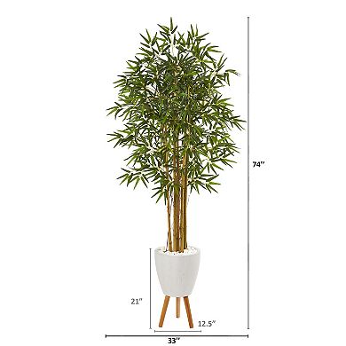 nearly natural 74-in. Multi Bambusa Bamboo Artificial Tree in White Planter with Stand