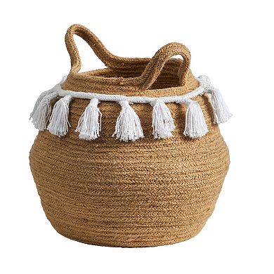 nearly natural 11-in. Boho Chic Natural Cotton Woven Basket Planter with Tassels
