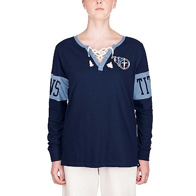 Women's New Era Navy Tennessee Titans Lace-Up Notch Neck Long Sleeve T-Shirt