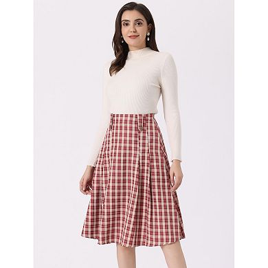 Women's Vintage Plaid Skirts High Waist Pleated A-line Midi Skirt