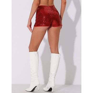 Sequin Short Pants For Women's Midrise Solid Sparkle Coctail Elastic Waist Shorts