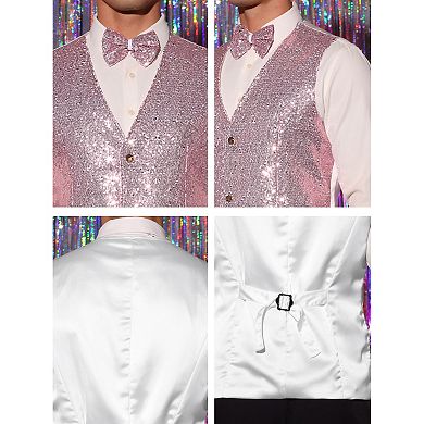 Men's Disco Shiny Sequin Vest Suit Waistcoat Set With Bow Tie