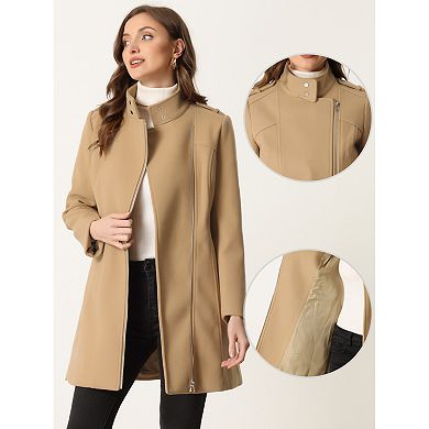 Classic Stand Collar Coat for Women's Zip Up Trench Coats with Belt
