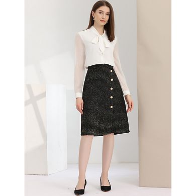 Women's Elegant Button Front Slit Hem Plaid Tweed Midi Skirt