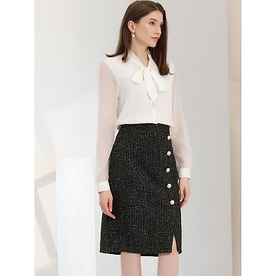 Women's Elegant Button Front Slit Hem Plaid Tweed Midi Skirt