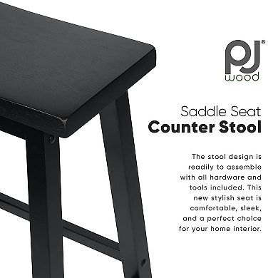 Pj Wood Classic Saddle Seat 24 Inch Kitchen Bar Counter Stool, Black (4 Pack)