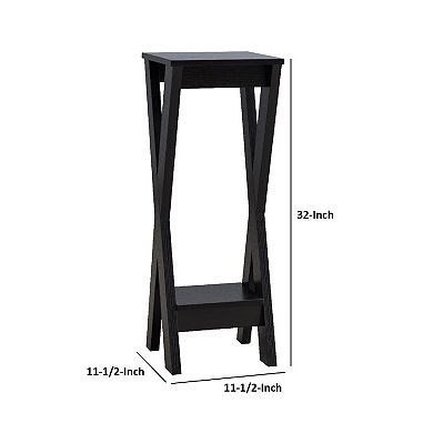 32 Inch Plant Stand with X Shaped Legs and Open Shelf, Medium, Dark Brown