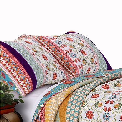 Geometric and Floral Print Twin Size Quilt Set with 1 Sham, Multicolor