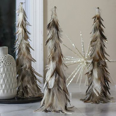 15.5" Brown and Gray Feather Layered Cone Tree Christmas Decoration