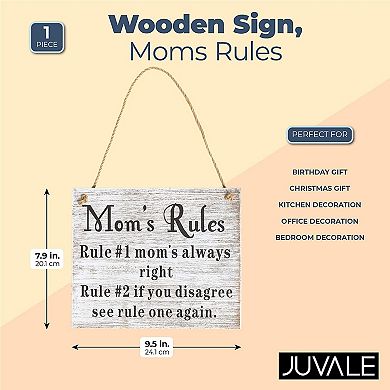 Juvale Mom's Rules Hanging Wooden Porch Sign for Home, Coffee Color (9.5 x 12 x 1 in)