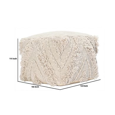 Fabric Pouf Ottoman with Woven Design and Fringe Details, Cream