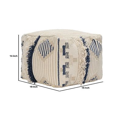 Fabric Pouf Ottoman with Woven Design and Fringe Details, Cream and Blue