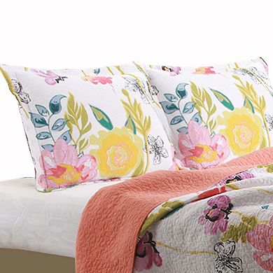 3 Piece Cotton Full Size Quilt Set with Stencil Flower Print, Multicolor